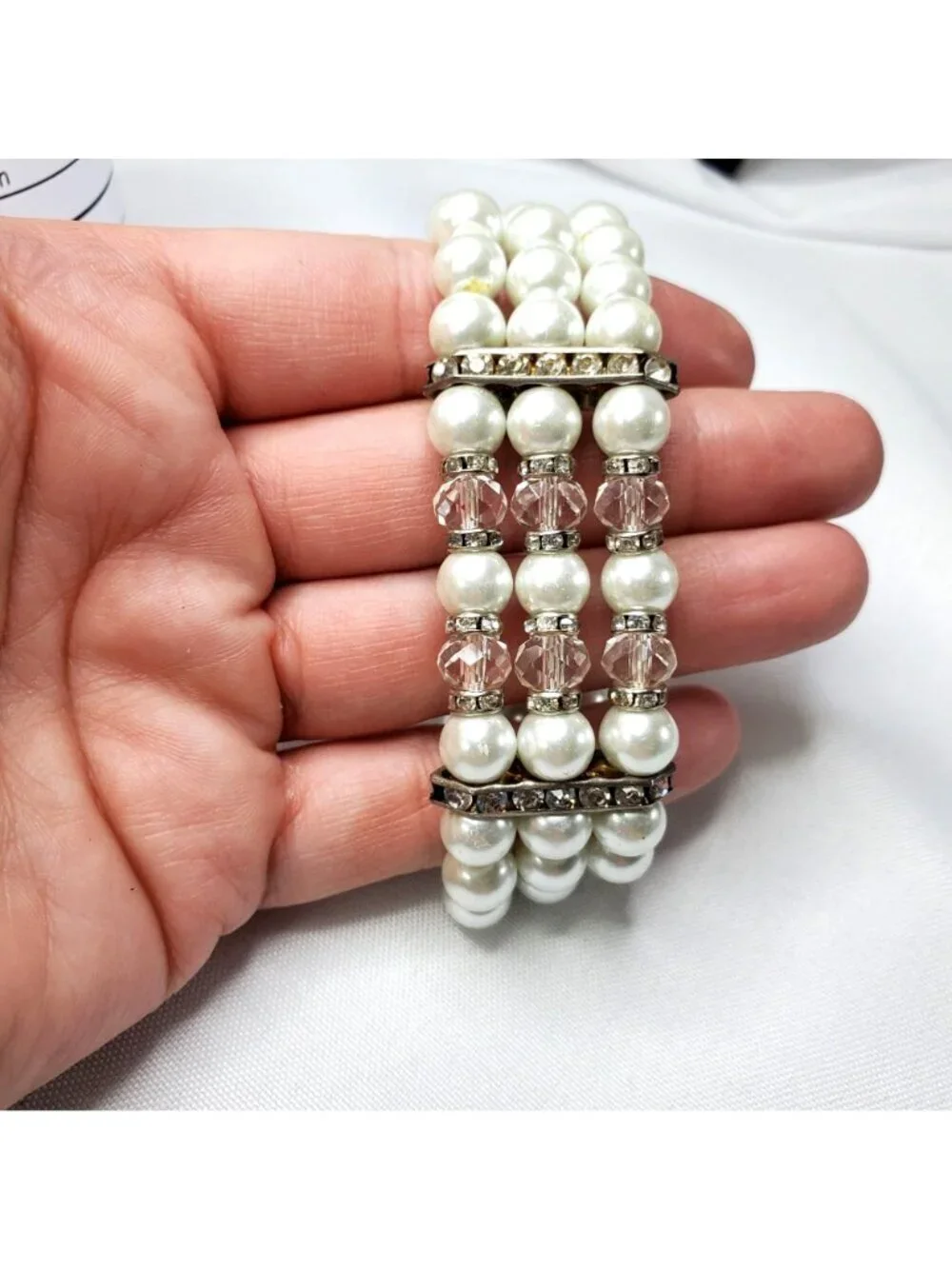 Vintage Crystal & Faux Pearl Stretch Bracelet With Rhinestone Accents Wedding